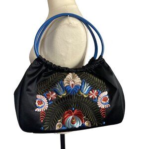 Adrienne Vittadini Embroidered Bag Black Satin Floral Pattern Boho Hobo New